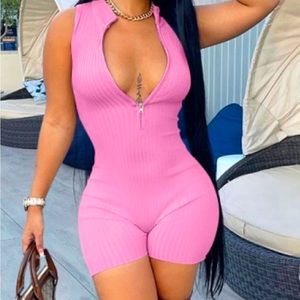 Solid zipper up sleeveless romper